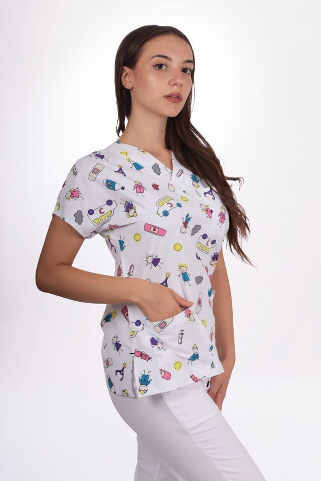 Desenli Seri Beyaz Yarabandı Desen Kadın Tek Üst