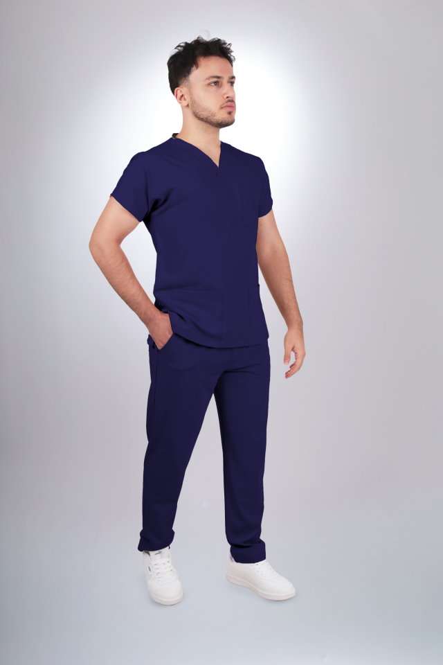 Premium Likralı Klasik Seri Erkek İndigo Lacivert Scrubs