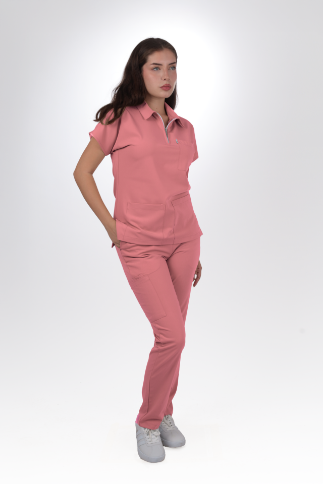 Premium Likralı Zipper Seri Kadın Pembe Scrubs
