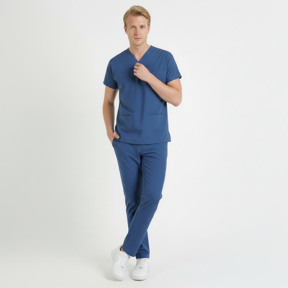 Terycoton Kumaş Klasik Seri Erkek Havacı Mavi Scrubs