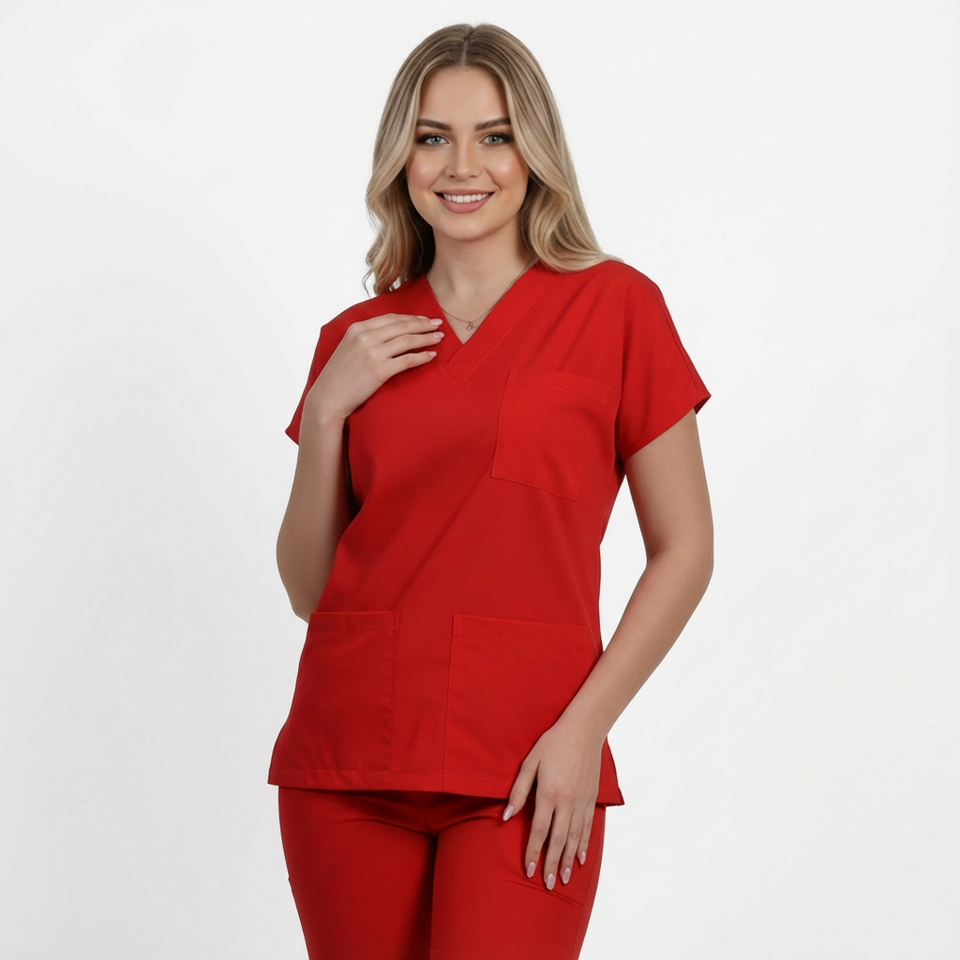 Terycoton Kumaş Klasik Seri Kadın Kırmızı Scrubs