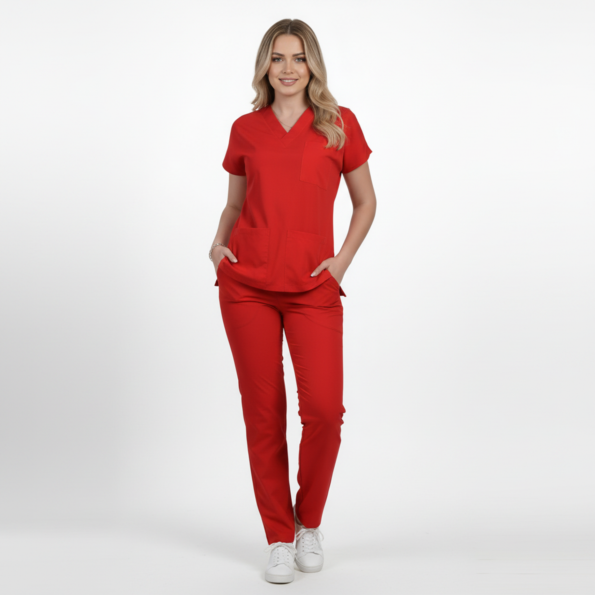 Terycoton Kumaş Klasik Seri Kadın Kırmızı Scrubs