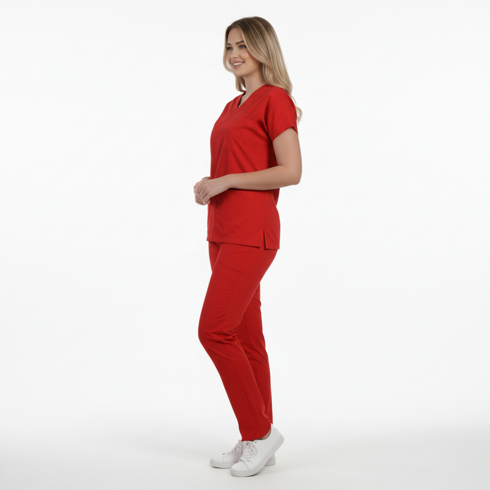 Terycoton Kumaş Klasik Seri Kadın Kırmızı Scrubs