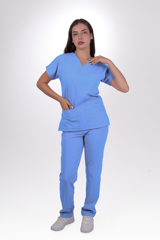 Premium Likralı Klasik Seri Kadın Açık Mavi Scrubs