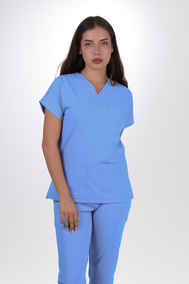 Premium Likralı Klasik Seri Kadın Açık Mavi Scrubs