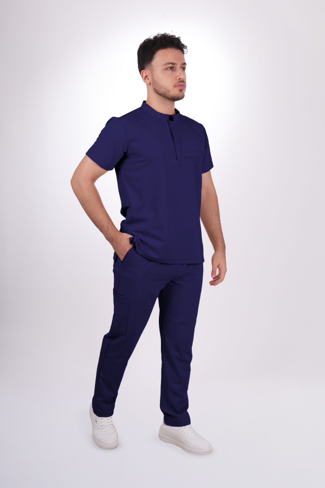 Premium Likralı Lotus Seri Erkek İndigo Lacivert Scrubs