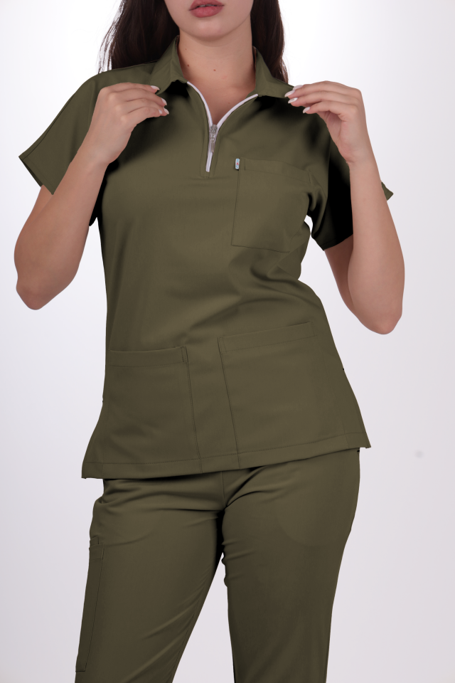 Premium Likralı Zipper Seri Kadın Haki Scrubs