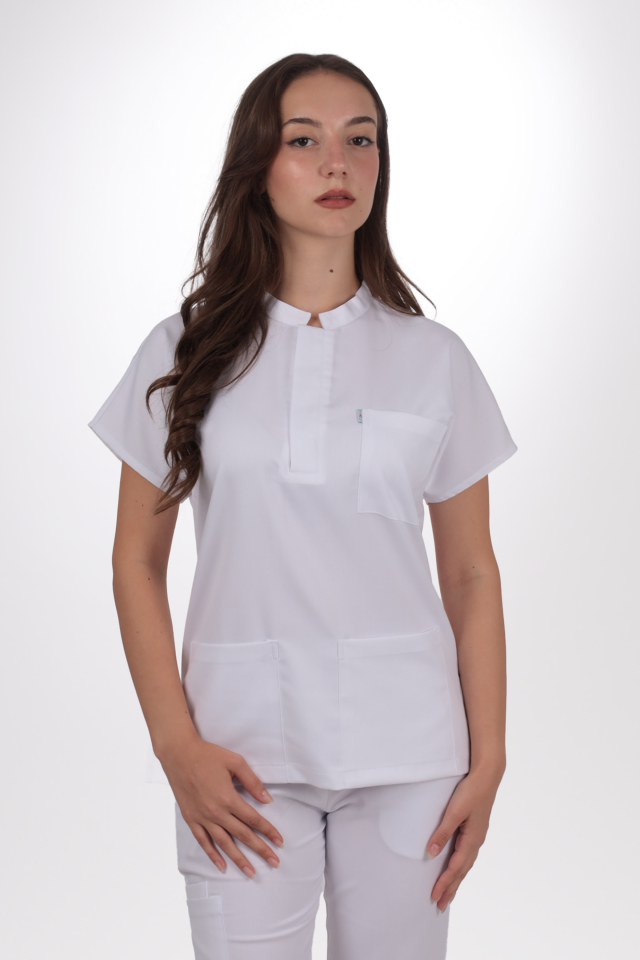 Premium Likralı Snap Seri Kadın Beyaz Scrubs