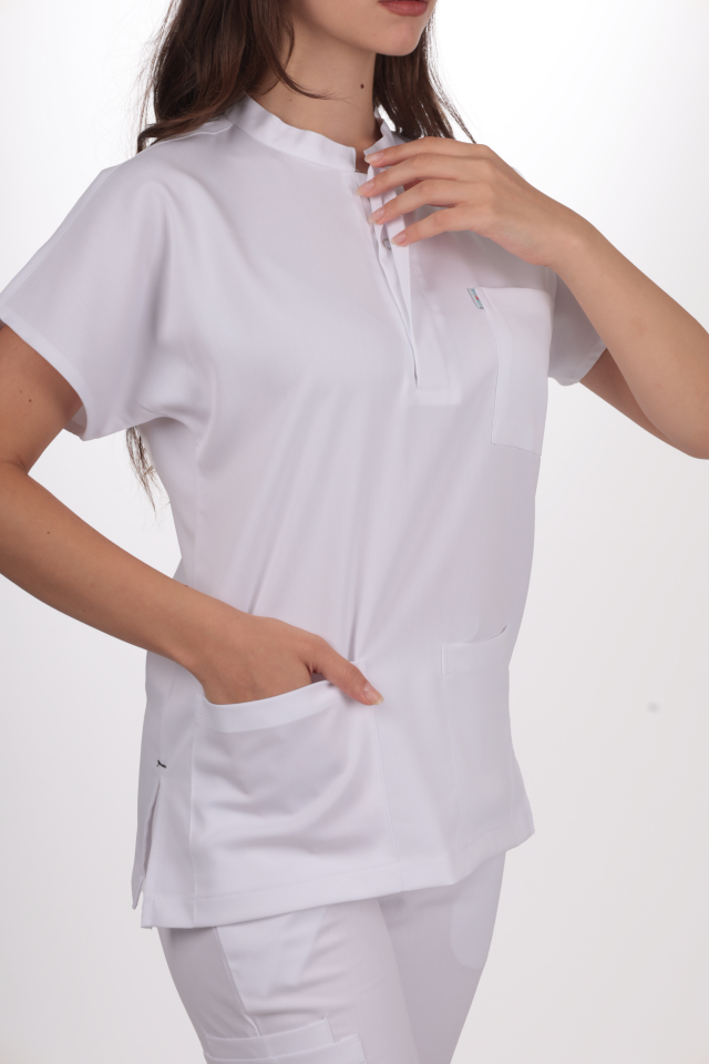 Premium Likralı Snap Seri Kadın Beyaz Scrubs