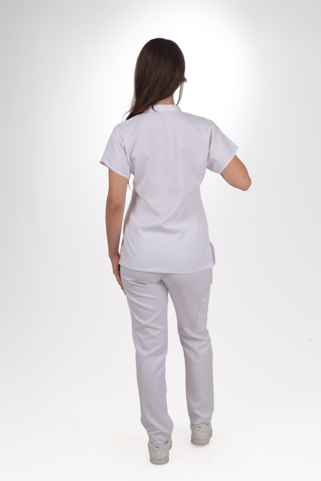 Premium Likralı Snap Seri Kadın Beyaz Üniforma Takım