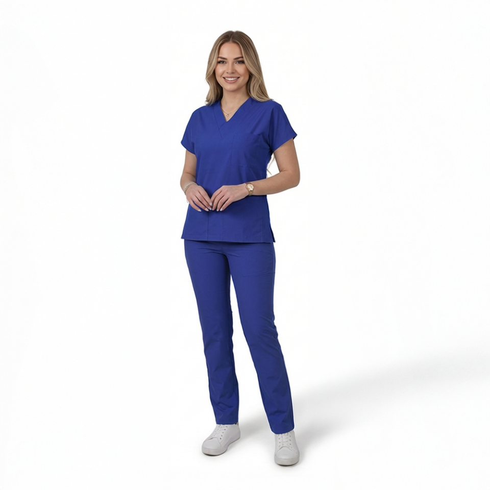Terycoton Kumaş Klasik Seri Kadın Saks Mavisi Scrubs