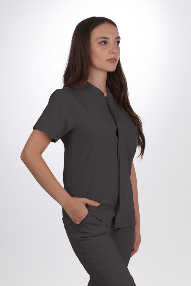 Premium Likralı SnapPrime Seri Kadın Antrasit Gri Scrubs