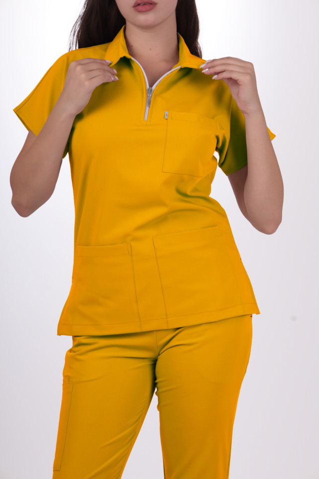 Premium Likralı Zipper Seri Kadın Hardal Sarısı Scrubs