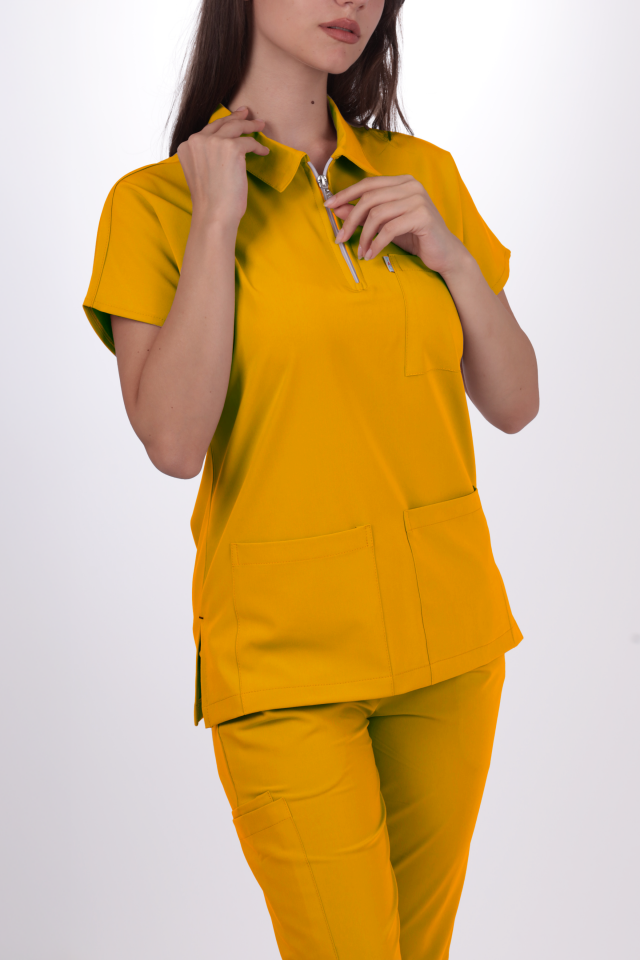 Premium Likralı Zipper Seri Kadın Hardal Sarısı Scrubs