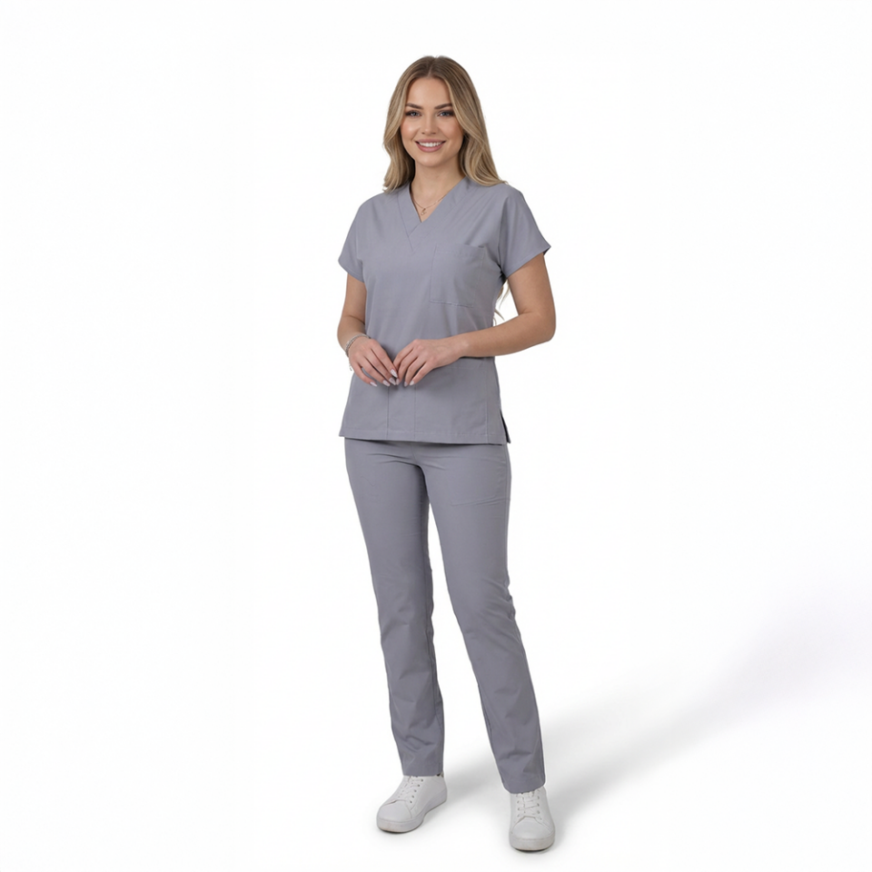 Terycoton Kumaş Klasik Seri Kadın Açık Gri Scrubs
