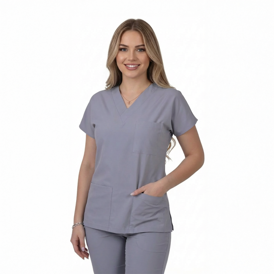 Terycoton Kumaş Klasik Seri Kadın Açık Gri Scrubs