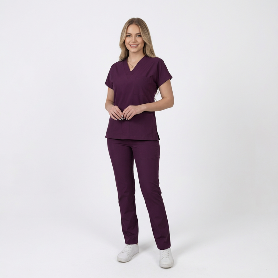 Terycoton Kumaş Klasik Seri Kadın Mürdüm Scrubs