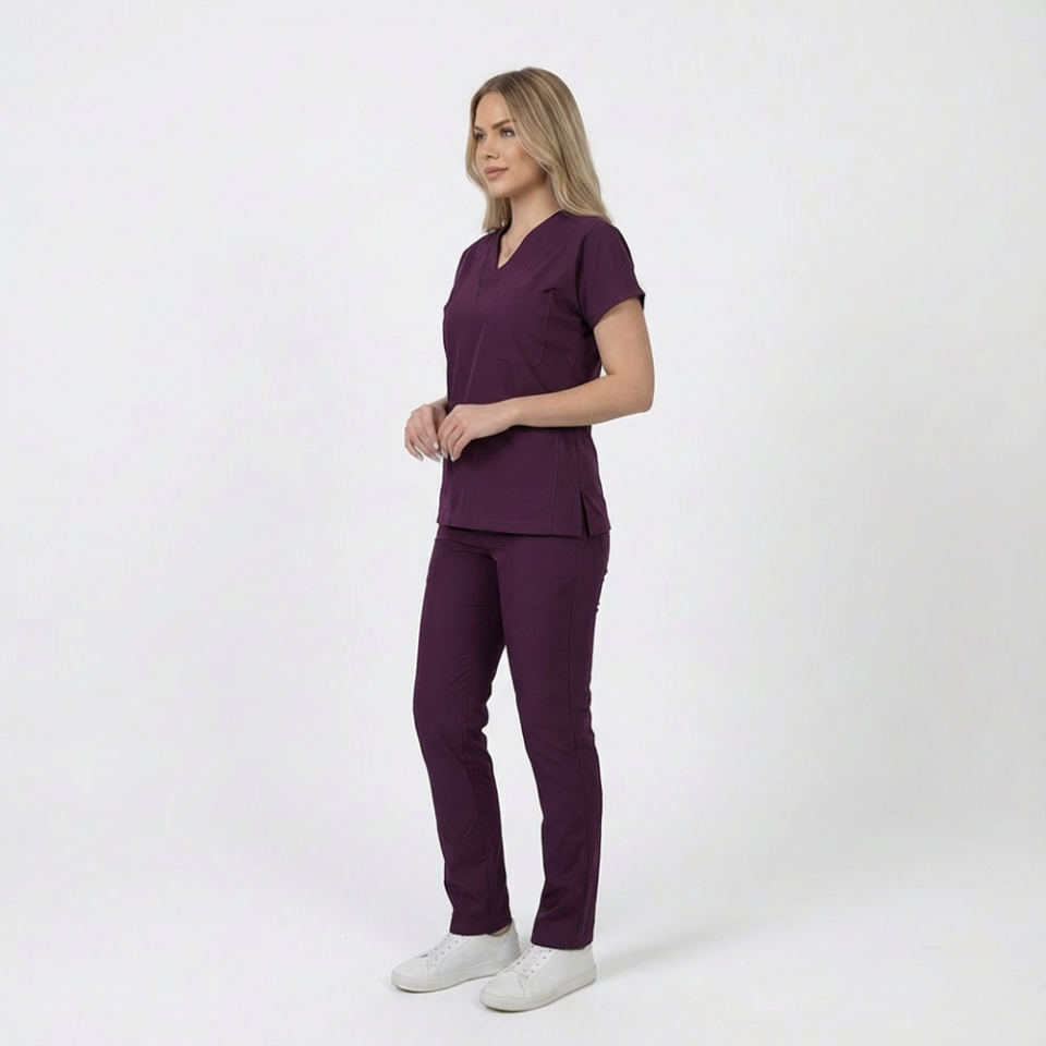 Terycoton Kumaş Klasik Seri Kadın Mürdüm Scrubs
