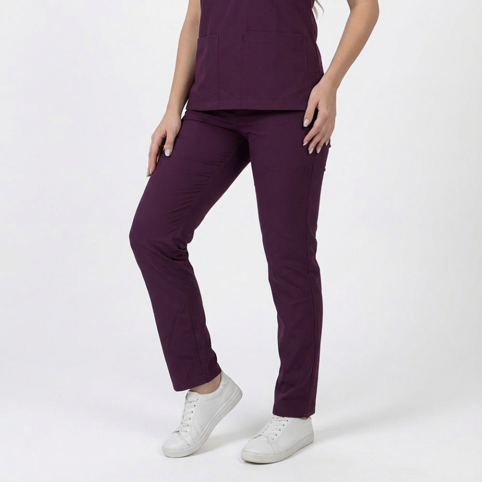 Terycoton Kumaş Klasik Seri Kadın Mürdüm Scrubs