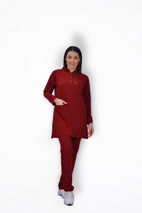 Premium Likralı Tesettür Seri Kadın Bordo Scrubs