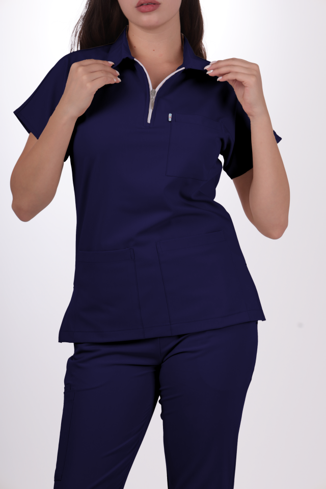 Premium Likralı Zipper Seri Kadın İndigo Lacivert Scrubs