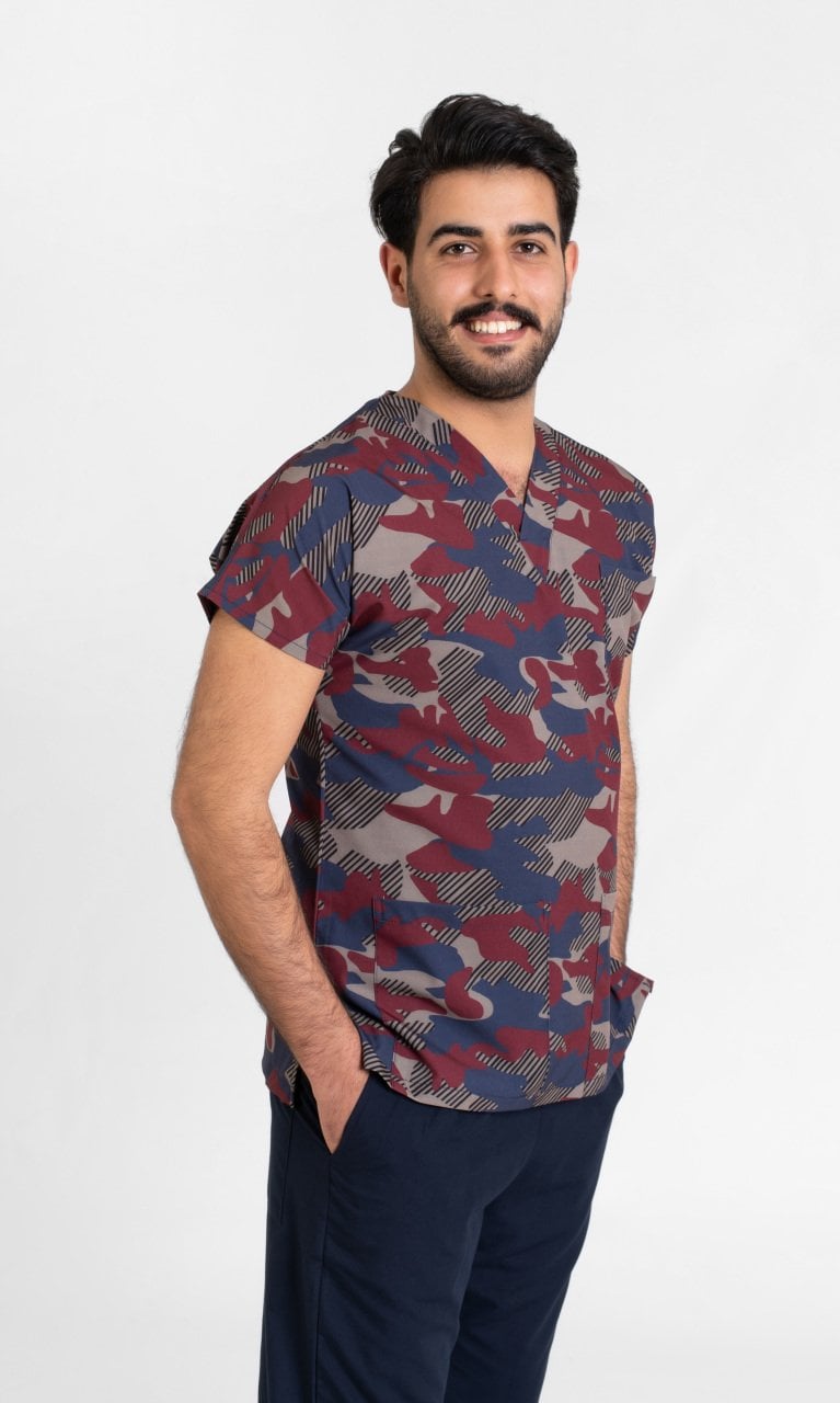 Erkek Bordo Kamuflaj Desenli Doktor Hemşire Forması