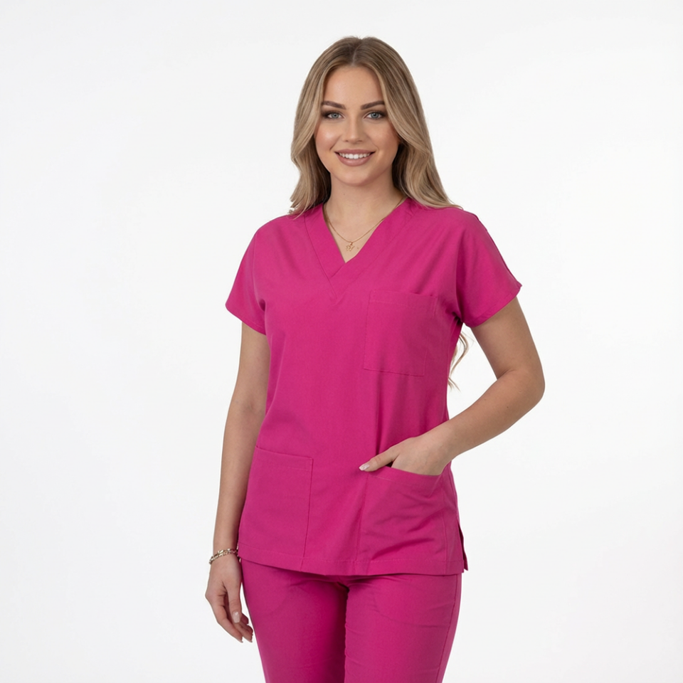 Terycoton Kumaş Klasik Seri Kadın Fuşya Scrubs