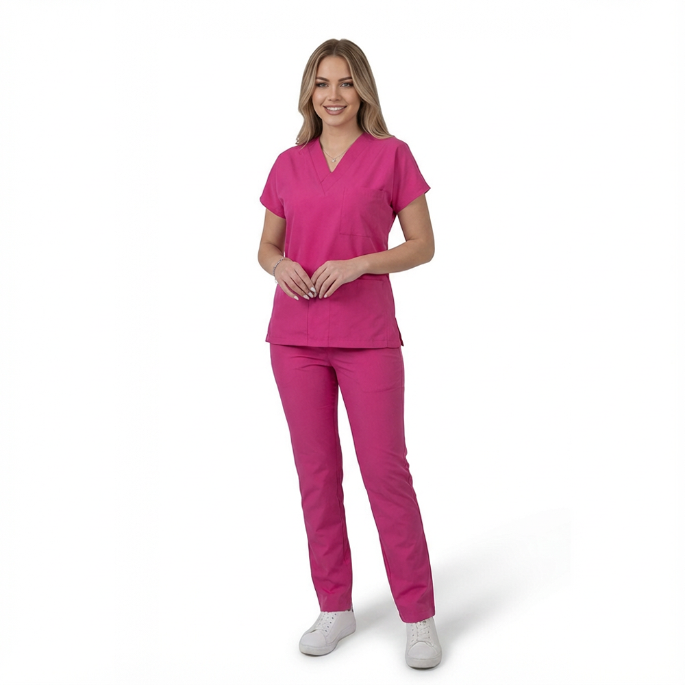 Terycoton Kumaş Klasik Seri Kadın Fuşya Scrubs