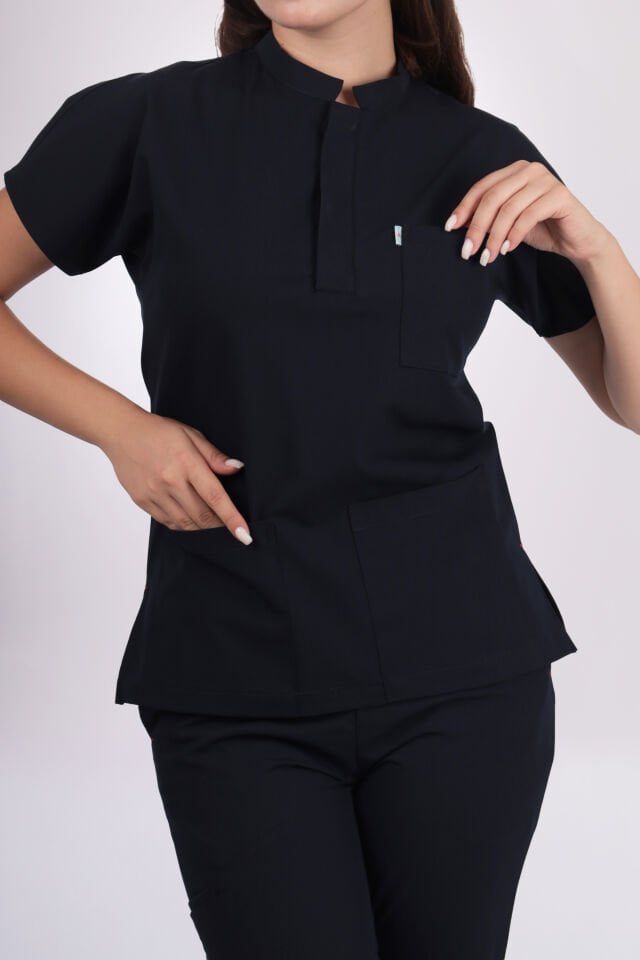 Likralı Snap Seri Kadın Siyah Scrubs