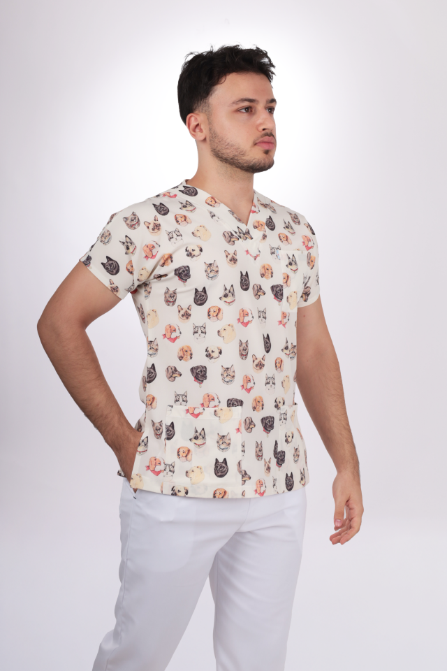 Desenli Seri Kedi Köpek Desen Erkek Tek Üst