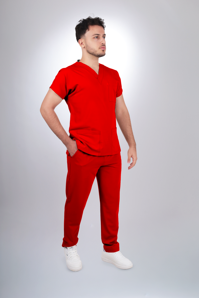 Premium Likralı Klasik Seri Erkek Kırmızı Scrubs
