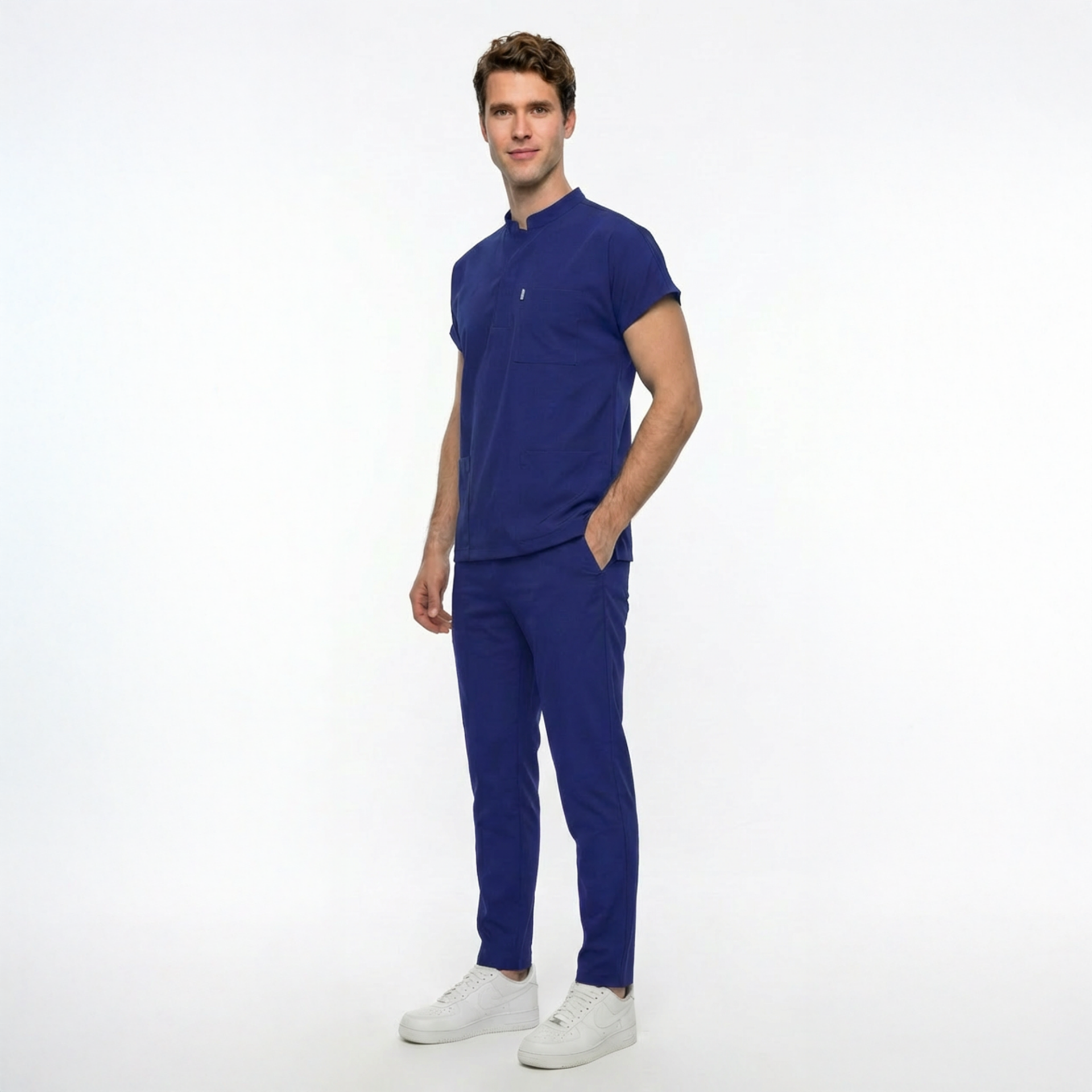 Likralı Snap Seri Erkek Saks Mavisi Scrubs