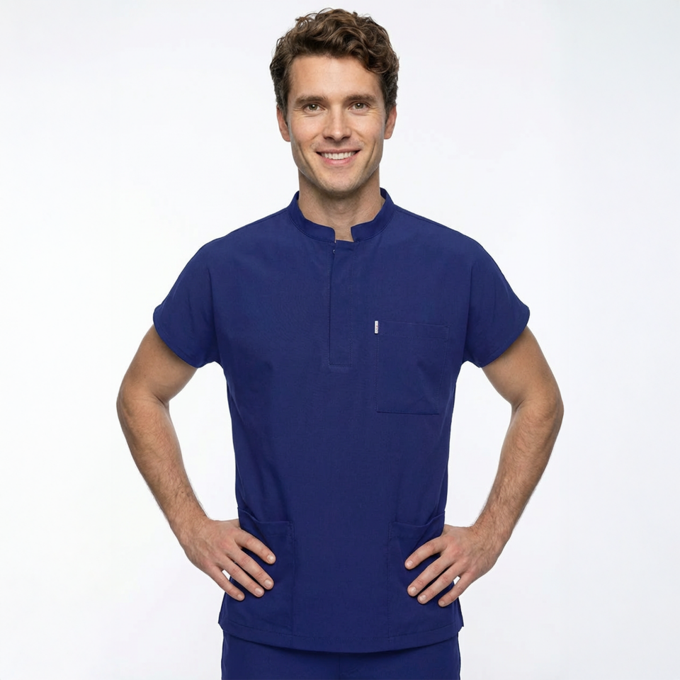 Likralı Snap Seri Erkek Saks Mavisi Scrubs