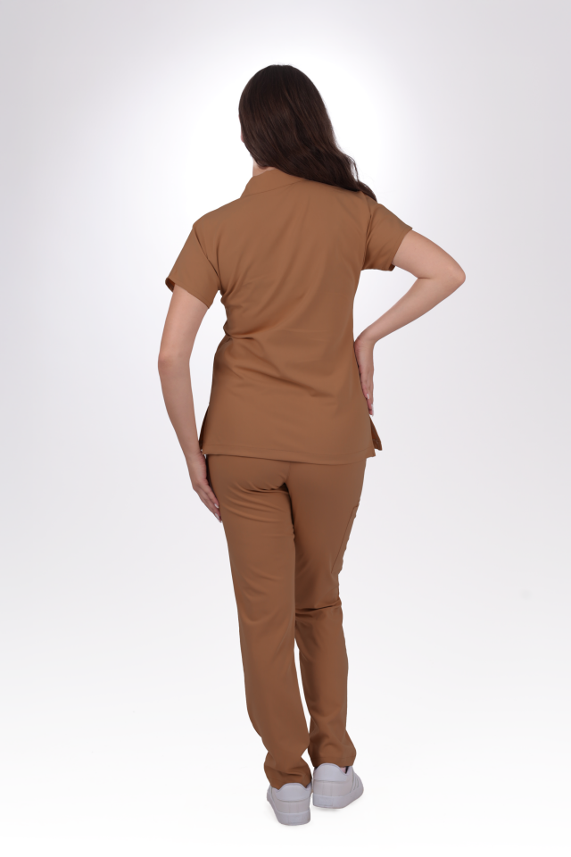 Premium Likralı Zipper Seri Kadın Kahverengi Scrubs