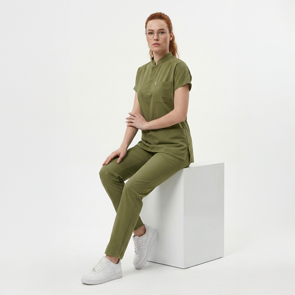 Likralı Snap Seri Kadın Haki Scrubs