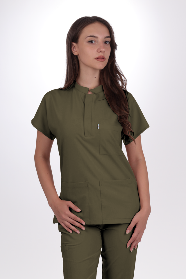 Likralı Snap Seri Kadın Haki Scrubs