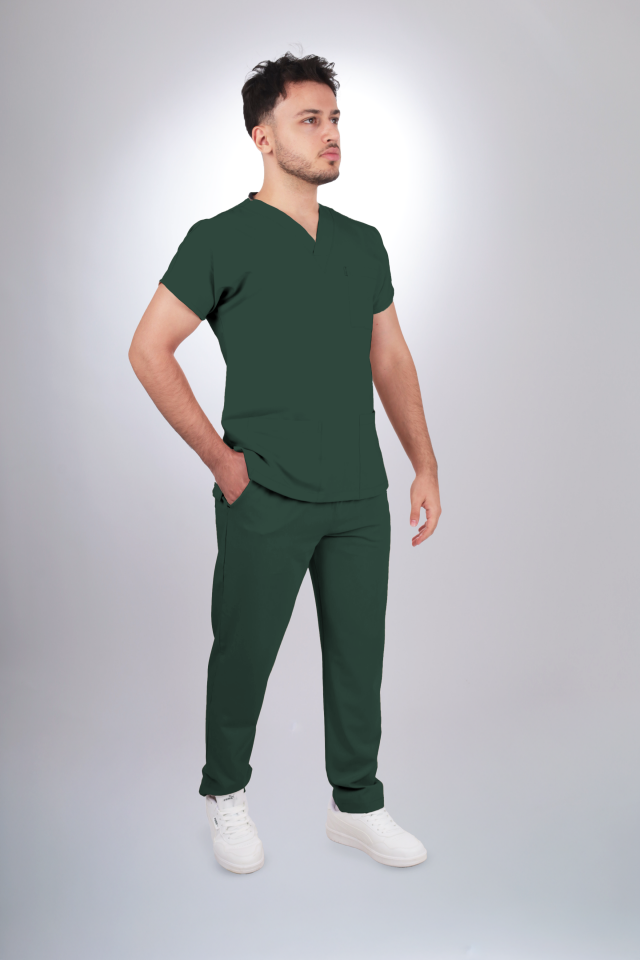 Premium Likralı Klasik Seri Erkek Avcı Yeşili Scrubs