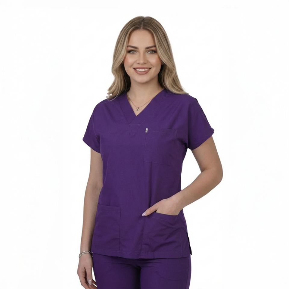 Terycoton Kumaş Klasik Seri Kadın Mor Scrubs