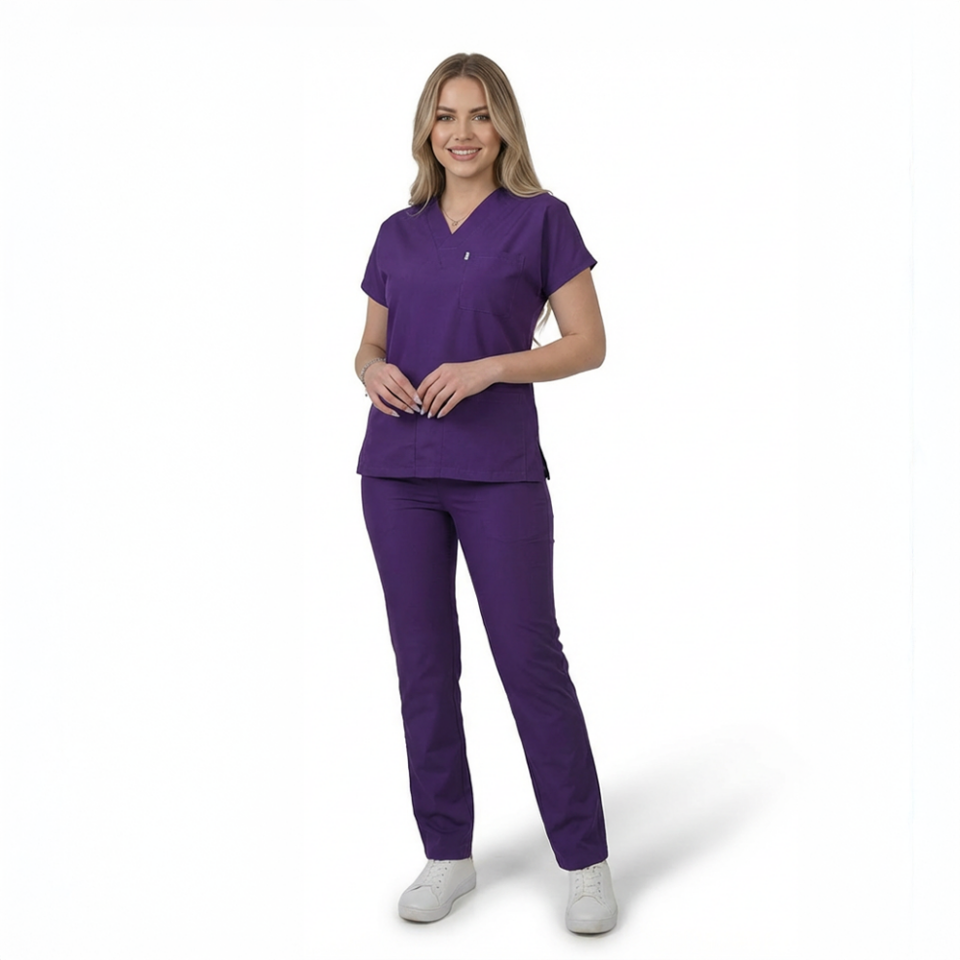 Terycoton Kumaş Klasik Seri Kadın Mor Scrubs
