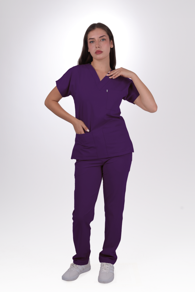 Terycoton Kumaş Klasik Seri Kadın Mor Scrubs