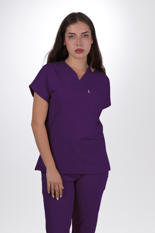 Terycoton Kumaş Klasik Seri Kadın Mor Scrubs