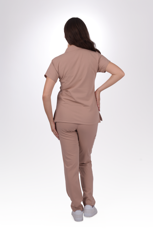 Premium Likralı Zipper Seri Kadın Karamel Scrubs