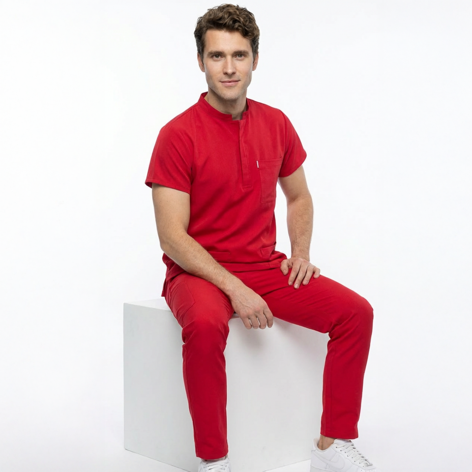 Likralı Snap Seri Erkek Kırmızı Scrubs