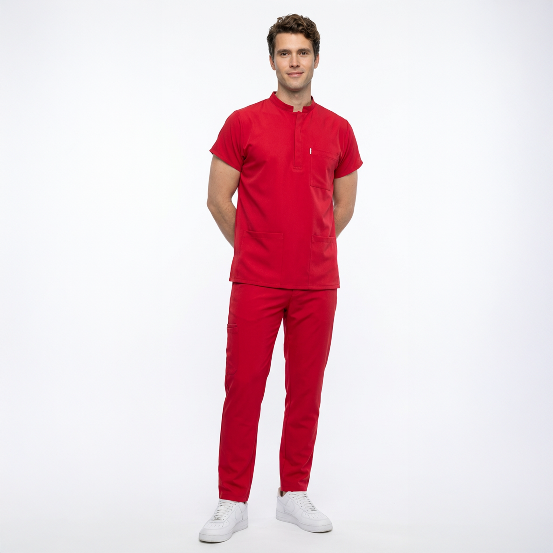 Likralı Snap Seri Erkek Kırmızı Scrubs
