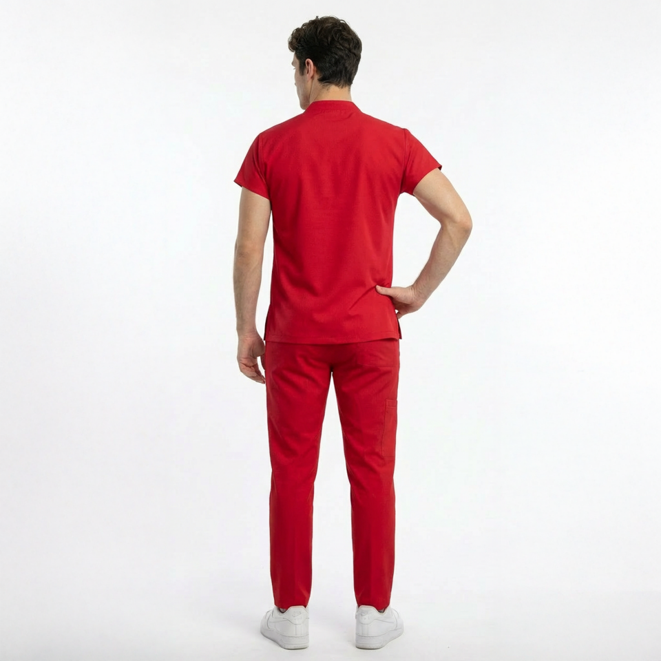 Likralı Snap Seri Erkek Kırmızı Scrubs