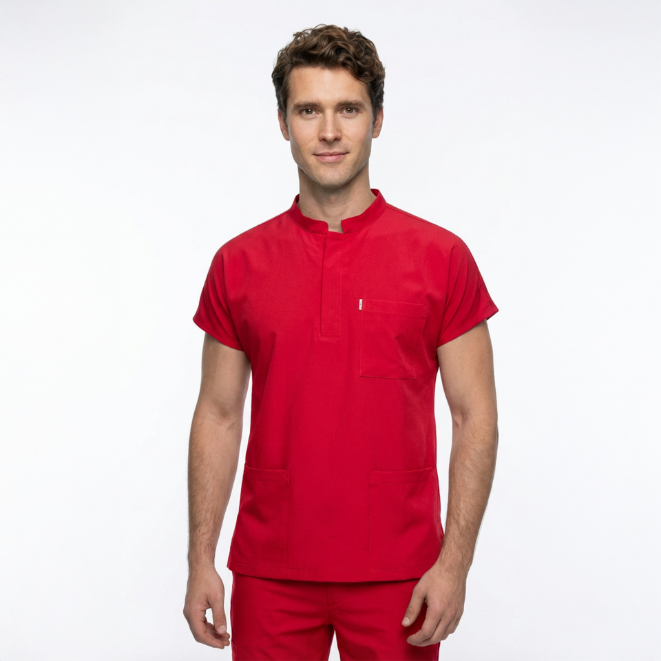 Likralı Snap Seri Erkek Kırmızı Scrubs