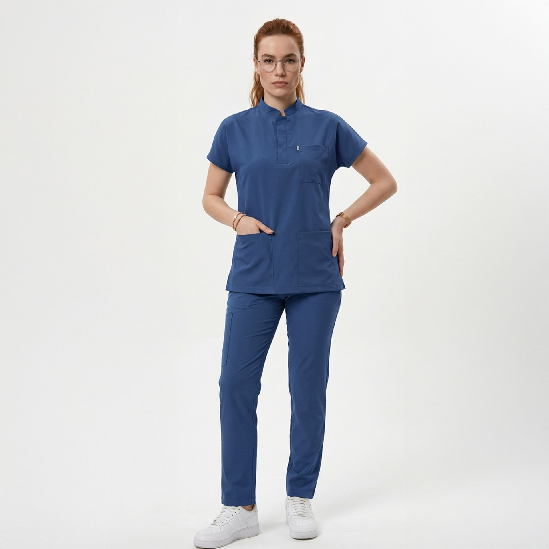 Likralı Snap Seri Kadın Havacı Mavi Scrubs