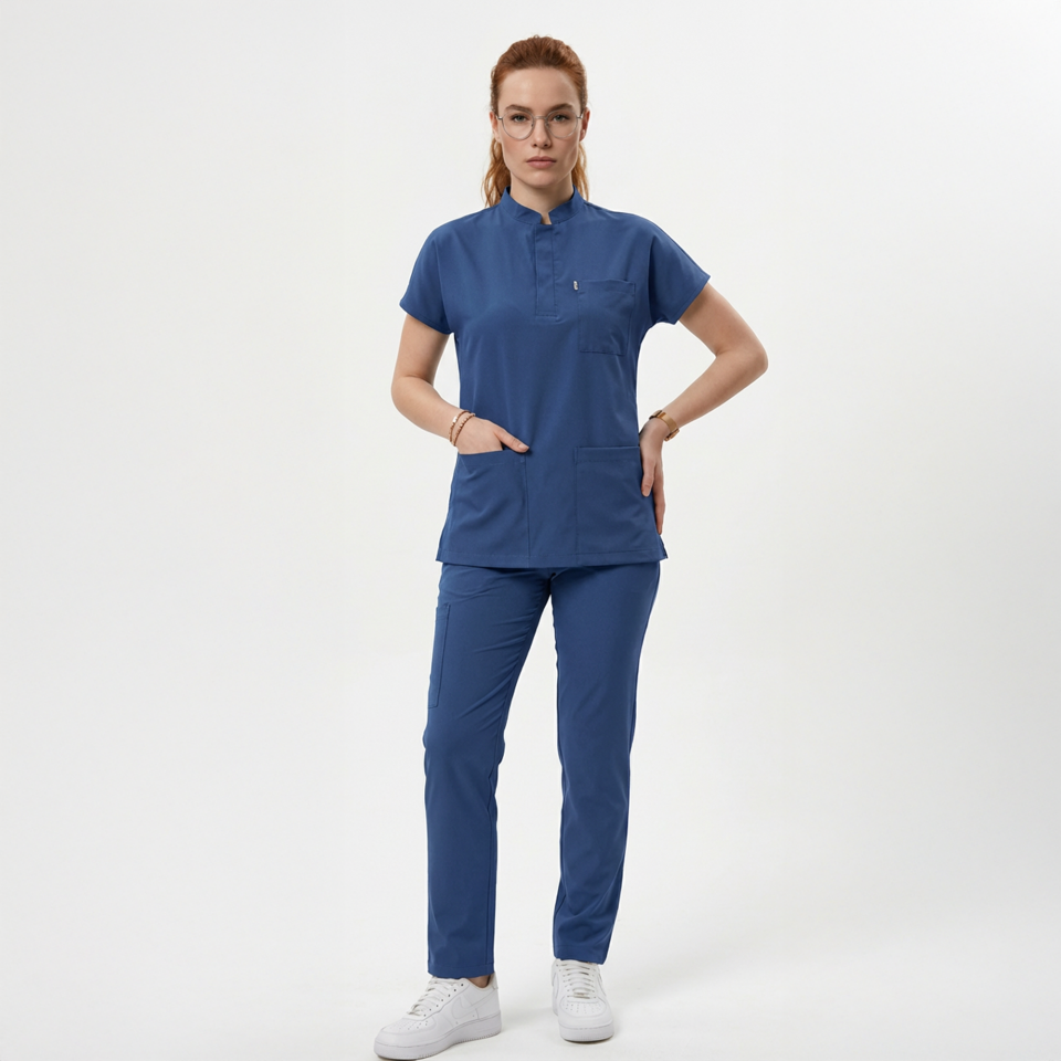 Likralı Snap Seri Kadın Havacı Mavi Scrubs