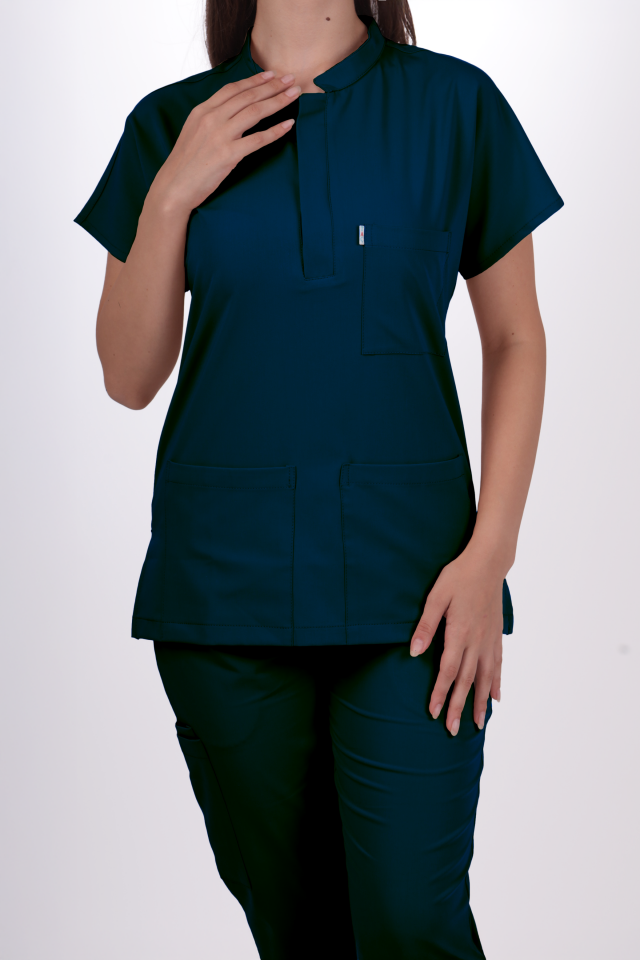 Likralı Snap Seri Kadın Havacı Mavi Scrubs