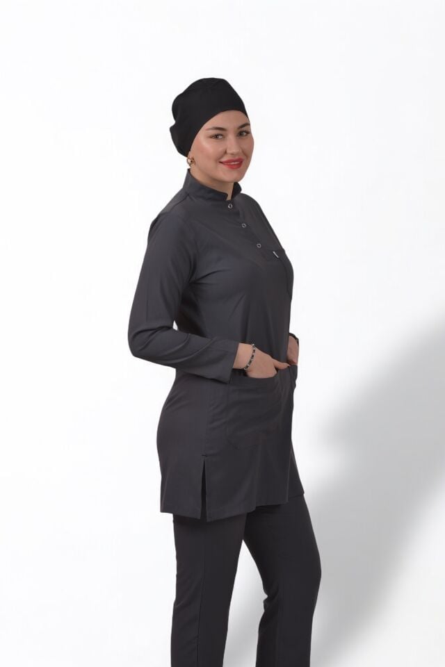 Likralı Tesettür Model Kadın Antrasit Gri Scrubs